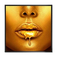 Designart Gold Paint Drips From Sexy Woman Lips FLOAT FRAME WALL ART