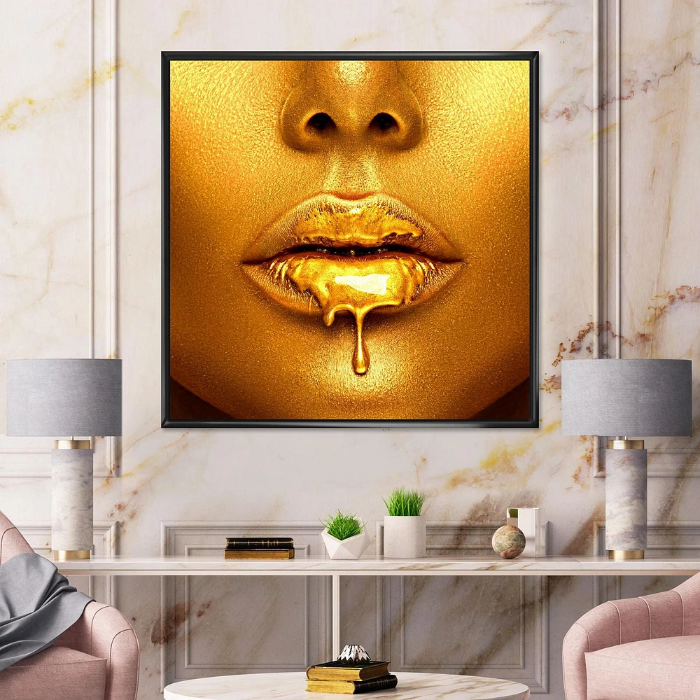 Designart Gold Paint Drips From Sexy Woman Lips FLOAT FRAME WALL ART