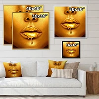 Designart Gold Paint Drips From Sexy Woman Lips FLOAT FRAME WALL ART