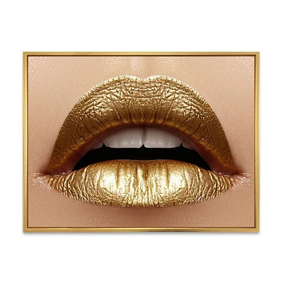 Designart Close Up of Female Plump Lips With Golden Lipstick FLOAT FRAME WALL ART