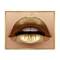 Designart Close Up of Female Plump Lips With Golden Lipstick FLOAT FRAME WALL ART