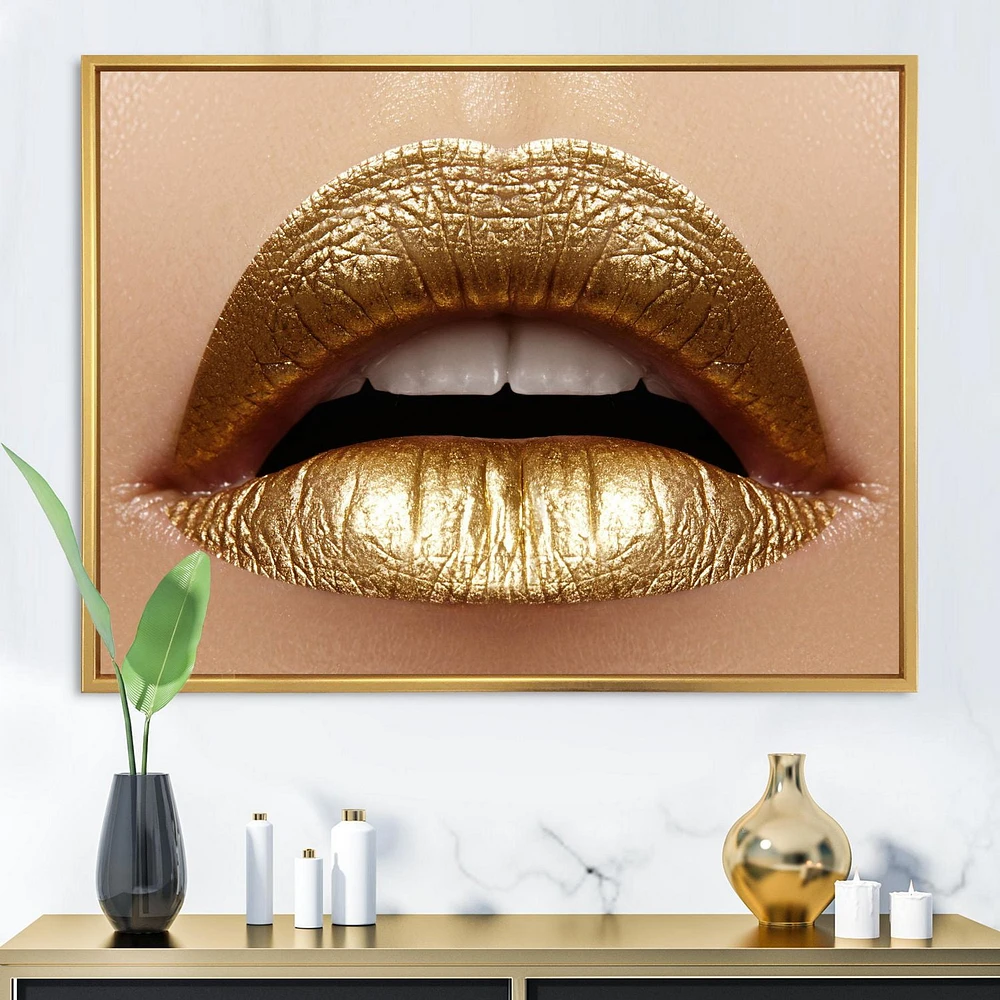 Designart Close Up of Female Plump Lips With Golden Lipstick FLOAT FRAME WALL ART