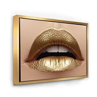 Designart Close Up of Female Plump Lips With Golden Lipstick FLOAT FRAME WALL ART