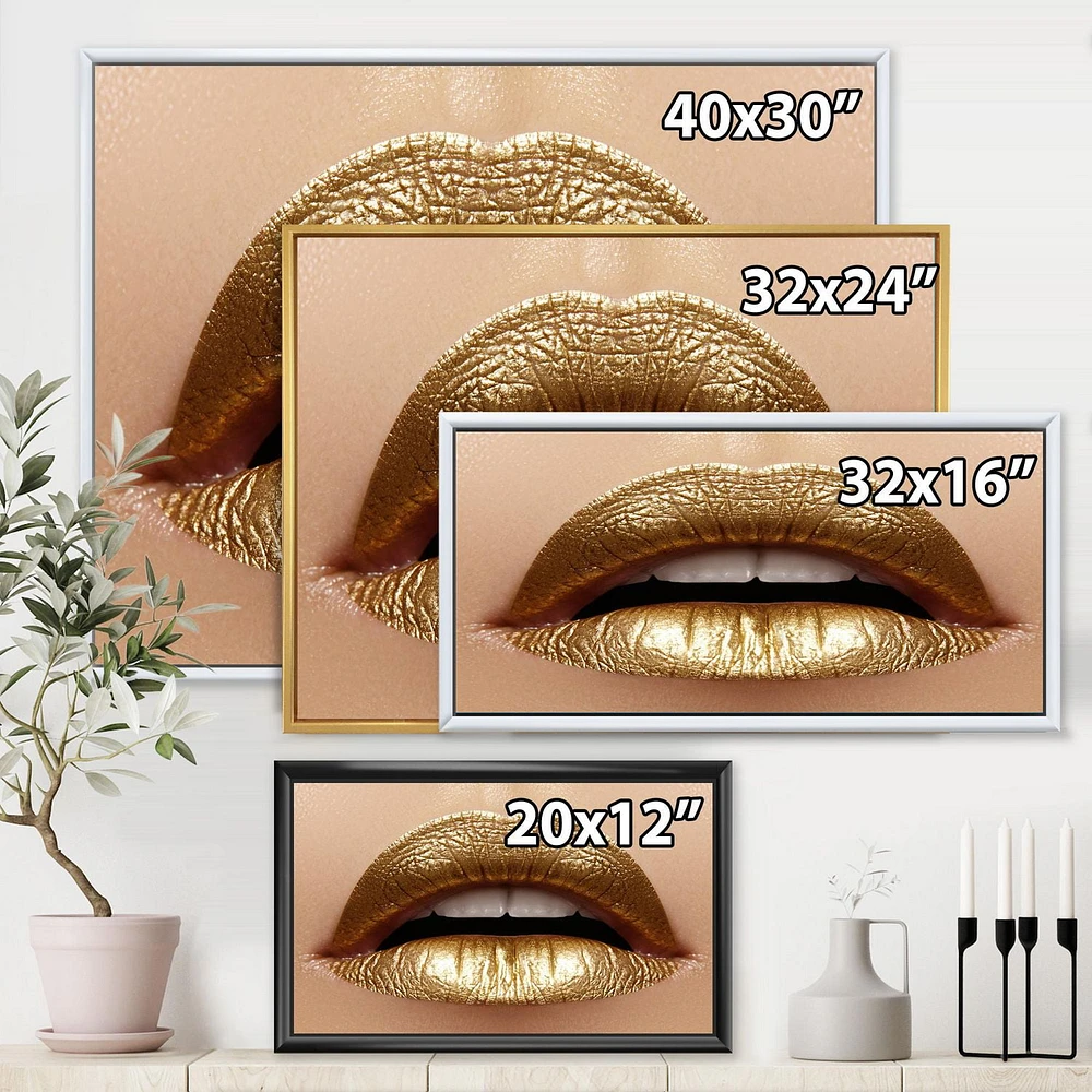 Designart Close Up of Female Plump Lips With Golden Lipstick FLOAT FRAME WALL ART