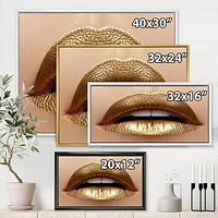 Designart Close Up of Female Plump Lips With Golden Lipstick FLOAT FRAME WALL ART