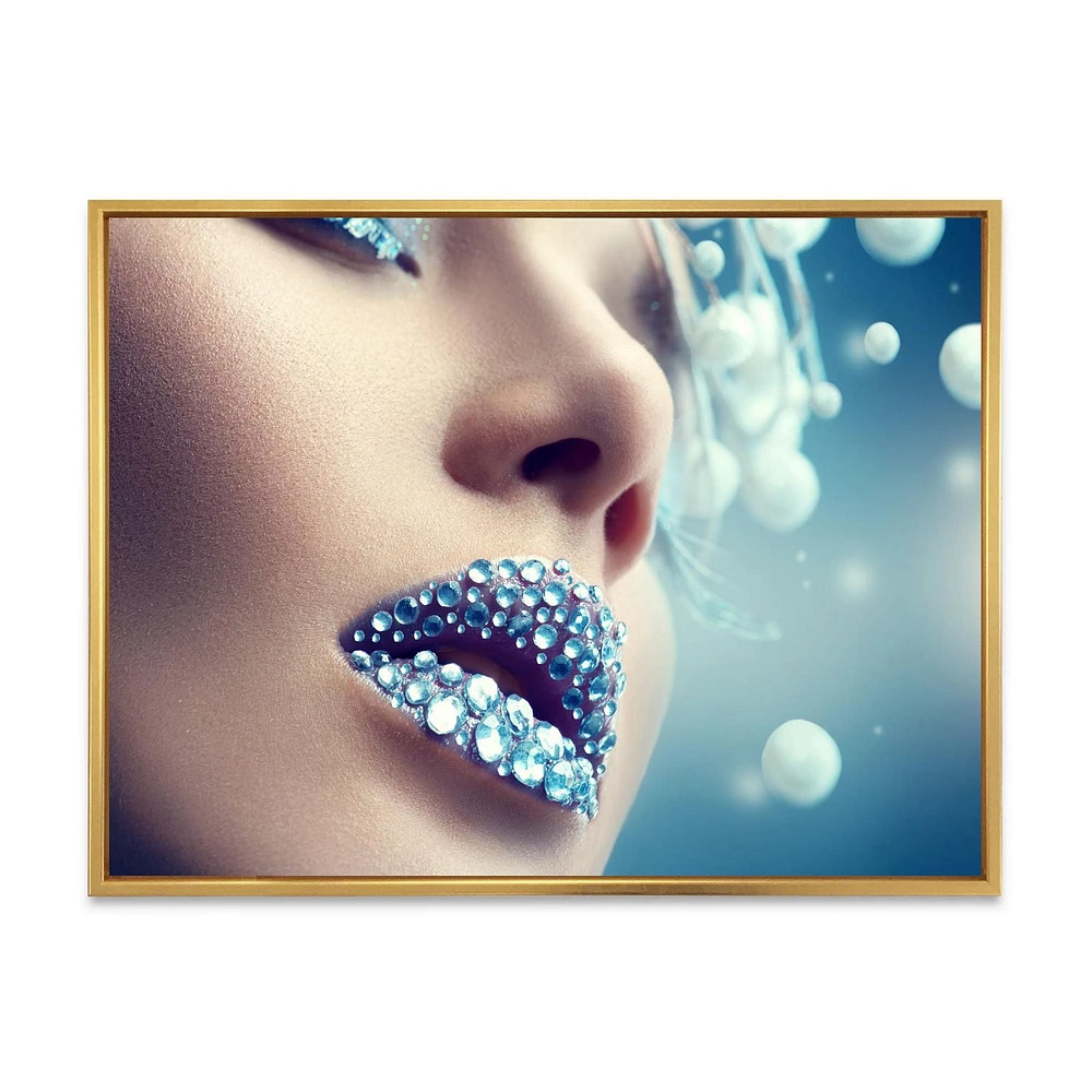 Designart Close-Up Of Gems On Woman Lips FLOAT FRAME WALL ART