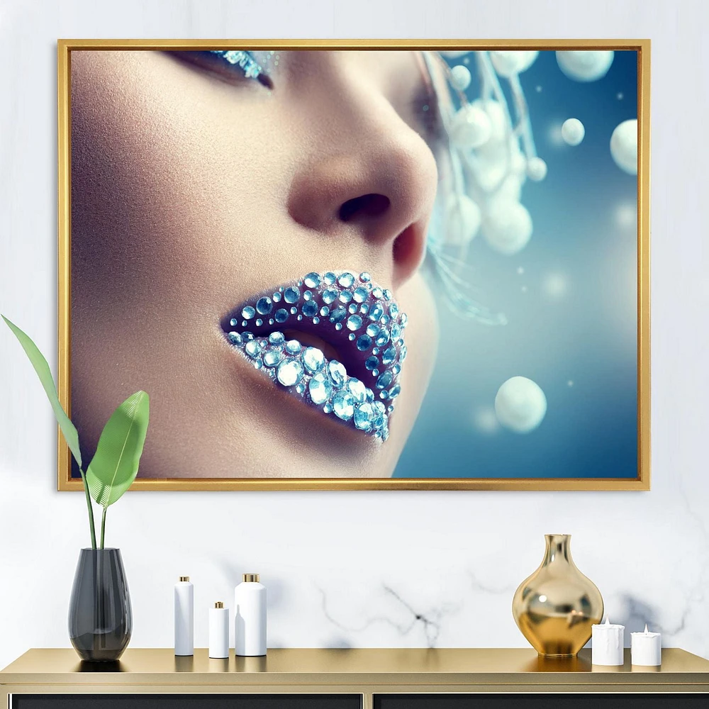 Designart Close-Up Of Gems On Woman Lips FLOAT FRAME WALL ART