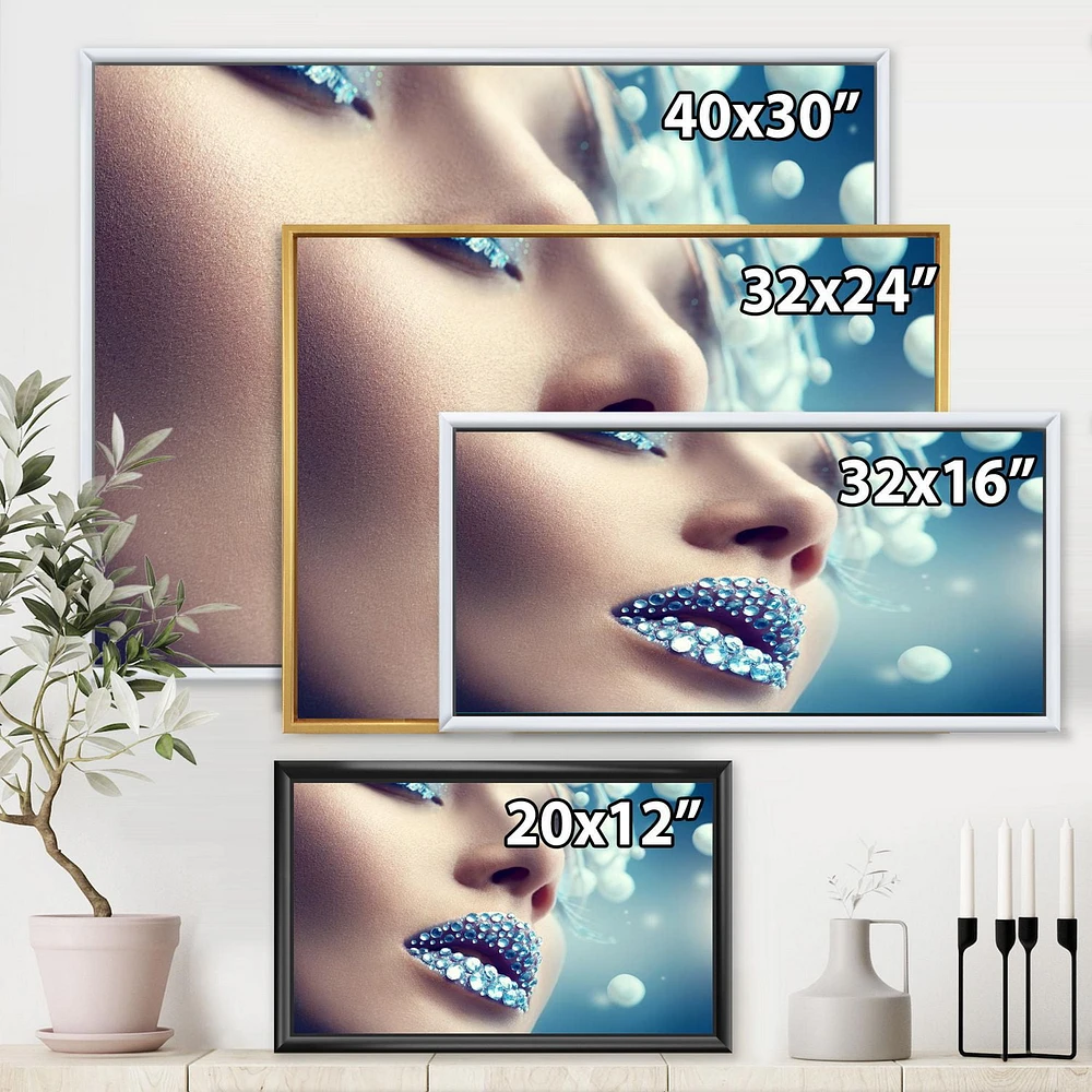 Designart Close-Up Of Gems On Woman Lips FLOAT FRAME WALL ART