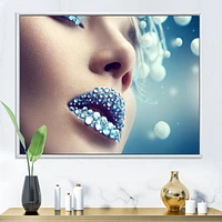 Designart Close-Up Of Gems On Woman Lips FLOAT FRAME WALL ART