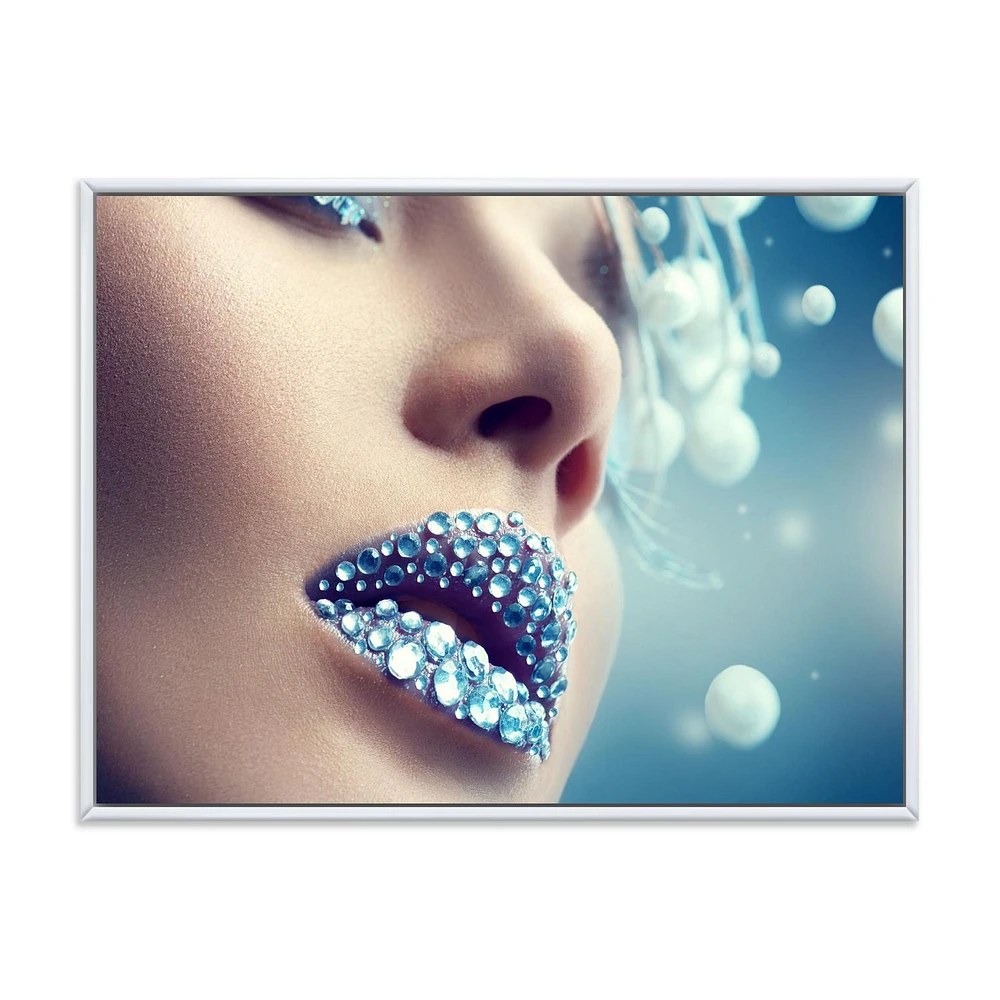 Designart Close-Up Of Gems On Woman Lips FLOAT FRAME WALL ART