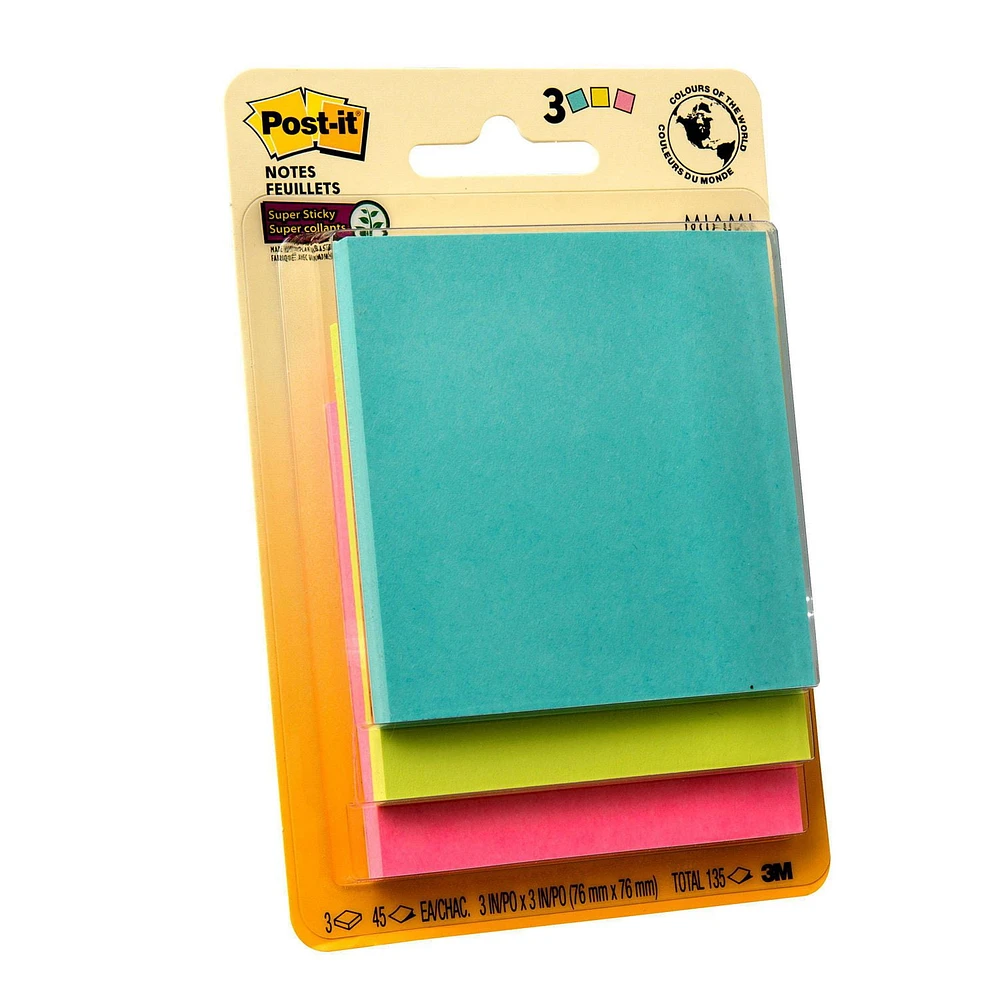 Post-it® Super Sticky Notes, Miami Collection, 3 in x 3 in (7.6 cm x 7.6 cm), 45 Sheets/Pad, 3 Pads/Pack