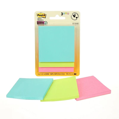 Post-it® Super Sticky Notes, Miami Collection, 3 in x 3 in (7.6 cm x 7.6 cm), 45 Sheets/Pad, 3 Pads/Pack