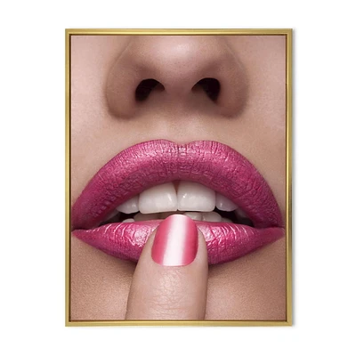 Designart Pink Woman Lips With Finger On Mouth FLOAT FRAME WALL ART