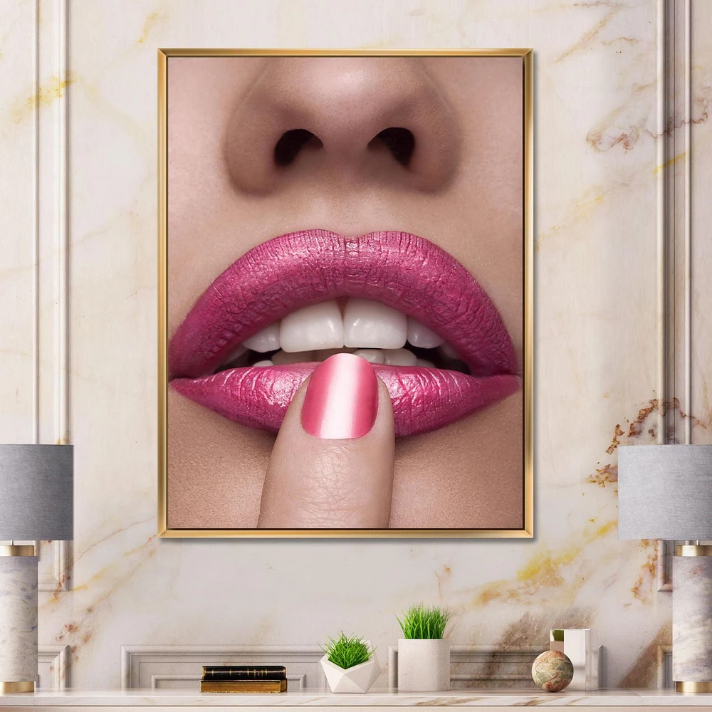 Designart Pink Woman Lips With Finger On Mouth FLOAT FRAME WALL ART