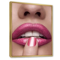 Designart Pink Woman Lips With Finger On Mouth FLOAT FRAME WALL ART