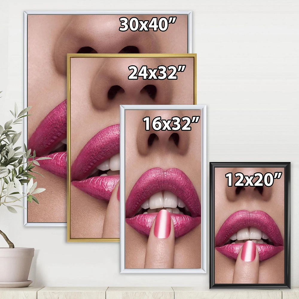 Designart Pink Woman Lips With Finger On Mouth FLOAT FRAME WALL ART