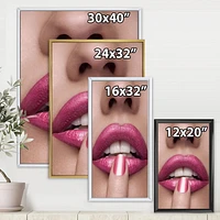 Designart Pink Woman Lips With Finger On Mouth FLOAT FRAME WALL ART