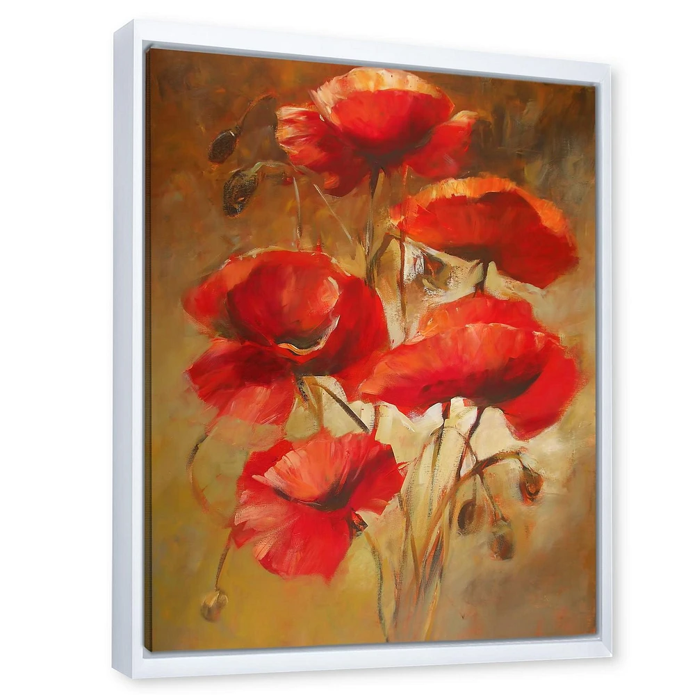 Designart Red Blossoming Poppies IV FLOAT FRAME WALL ART