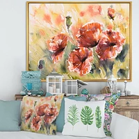 Designart Red Poppy On A Field FLOAT FRAME WALL ART