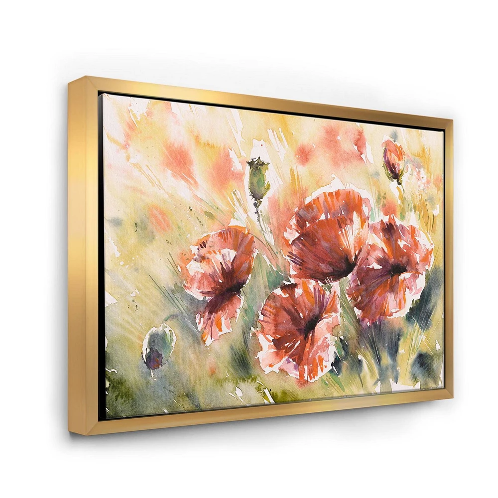 Designart Red Poppy On A Field FLOAT FRAME WALL ART