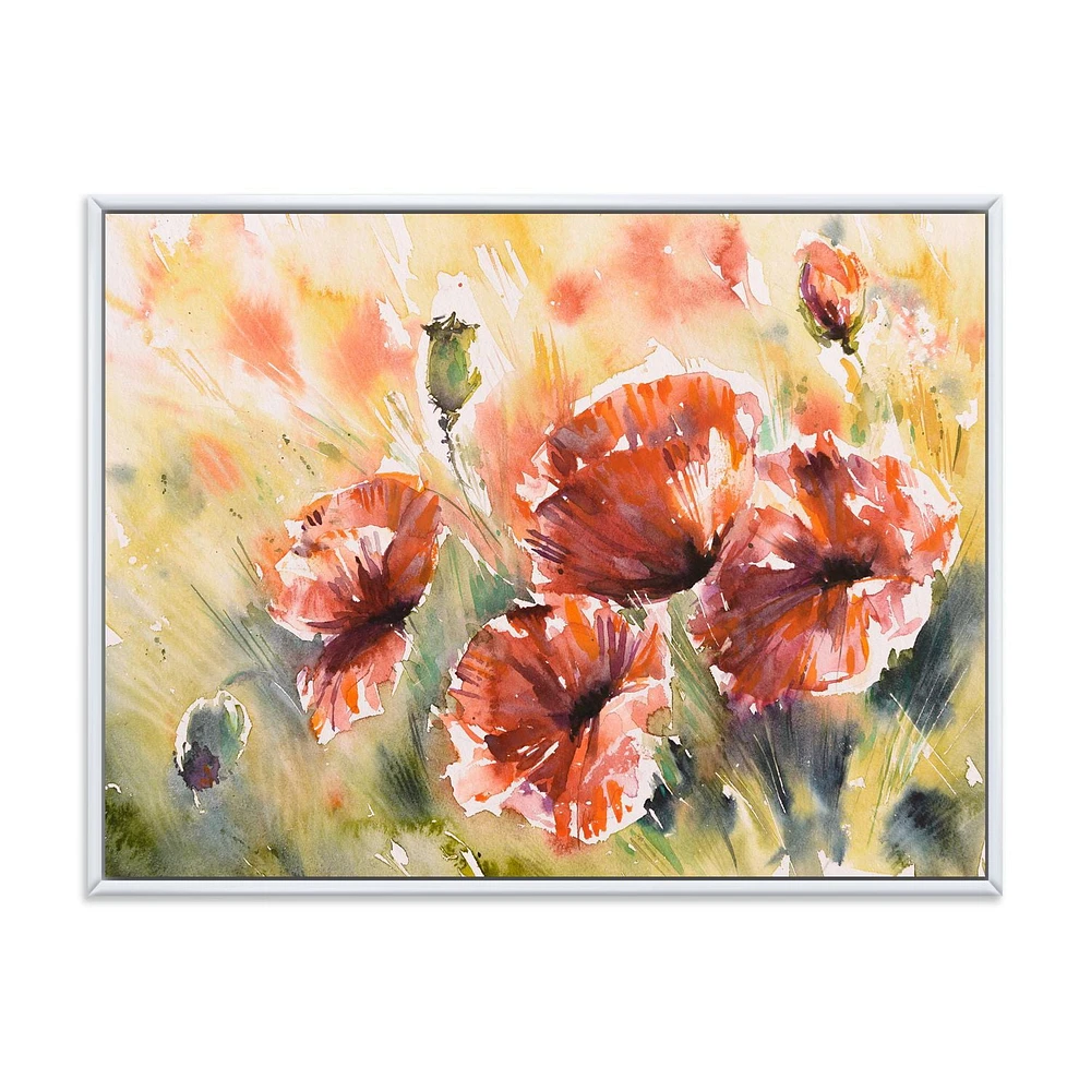 Designart Red Poppy On A Field FLOAT FRAME WALL ART