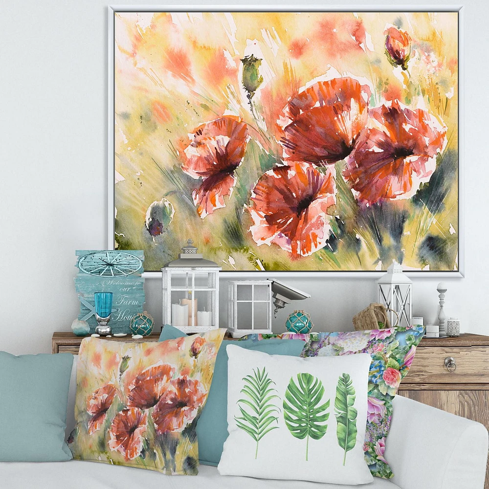 Designart Red Poppy On A Field FLOAT FRAME WALL ART