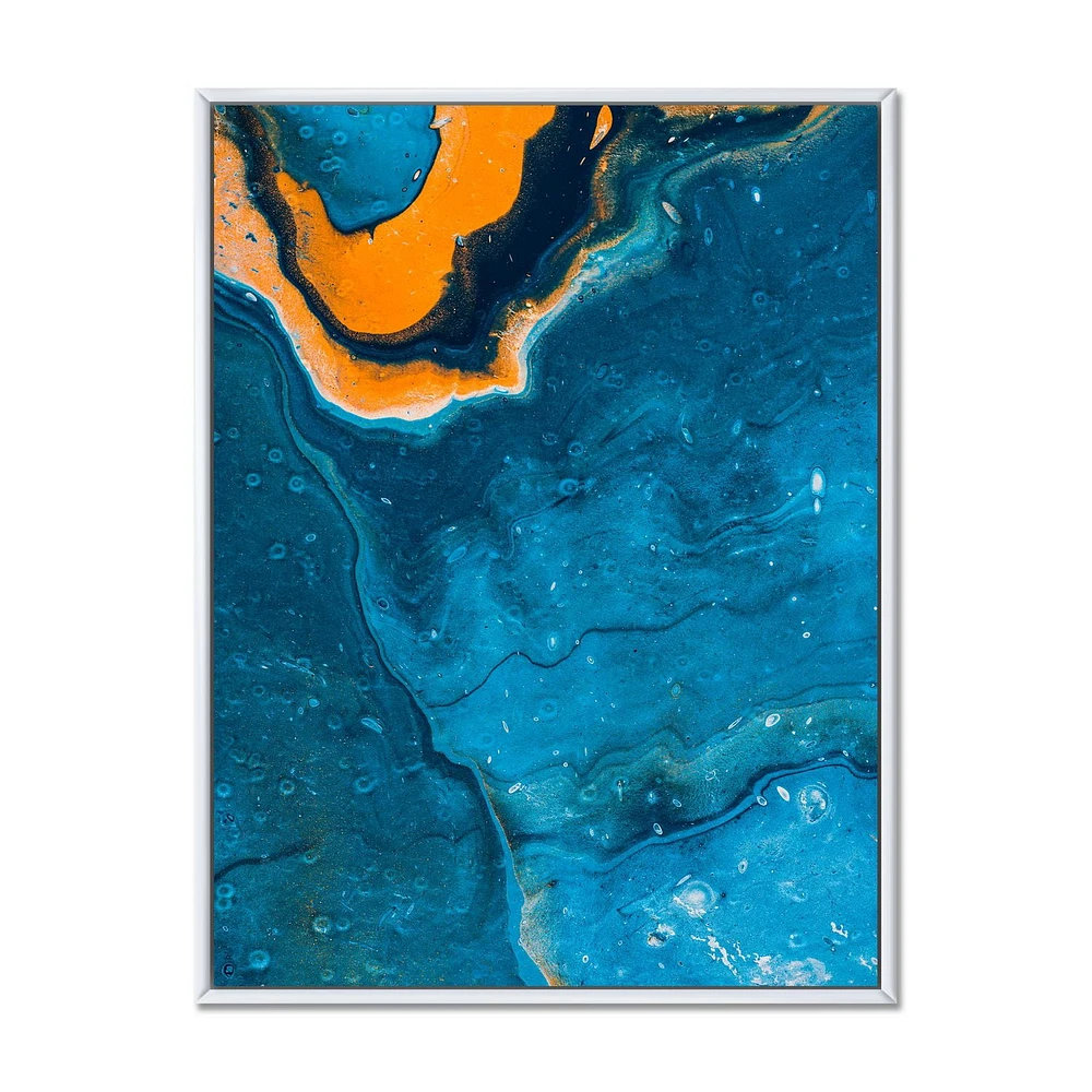 Designart Abstract Marble Composition In Blue and Orange III FLOAT FRAME WALL ART