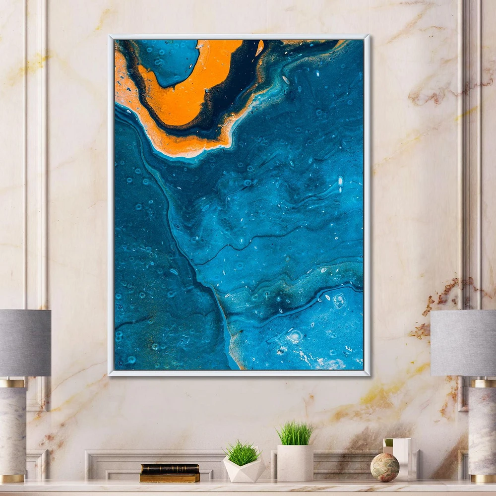 Designart Abstract Marble Composition In Blue and Orange III FLOAT FRAME WALL ART