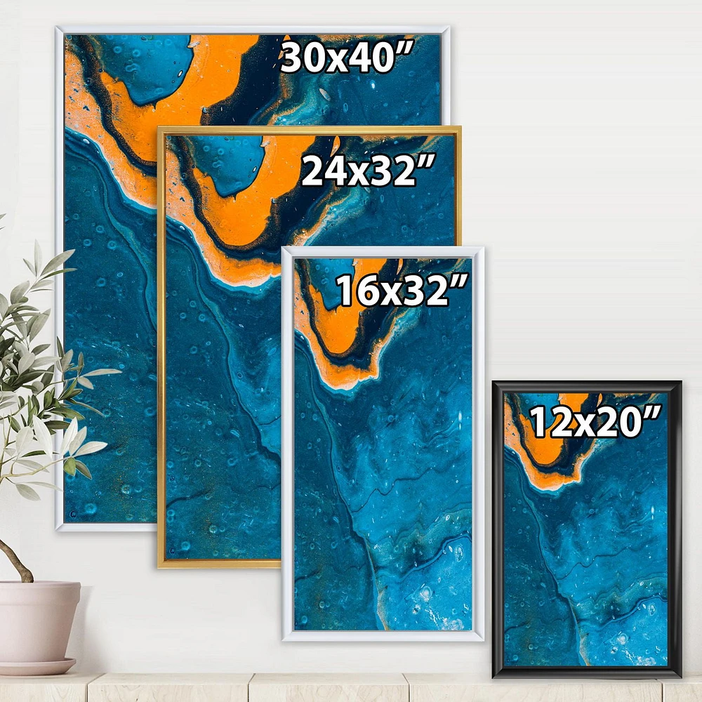 Designart Abstract Marble Composition In Blue and Orange III FLOAT FRAME WALL ART