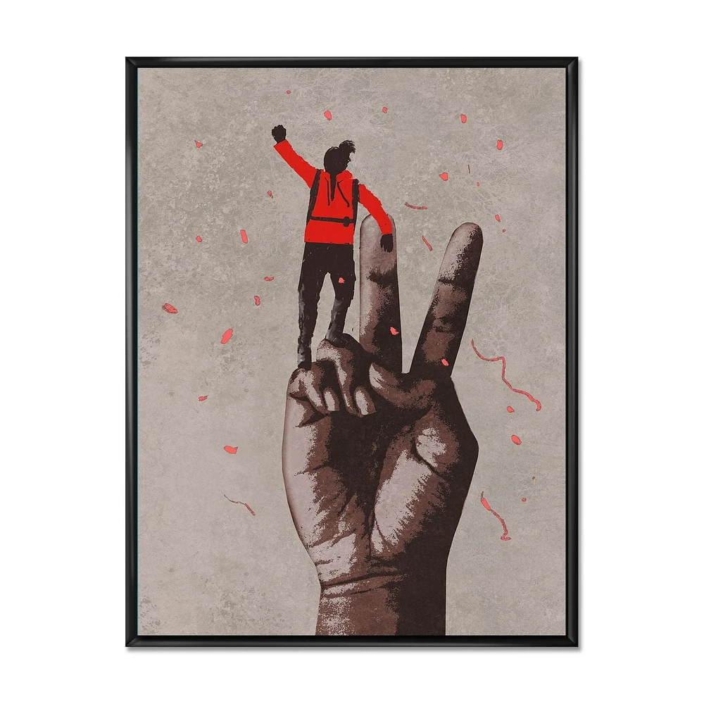 Designart Victory Sign With Man With Arm Raised FLOAT FRAME WALL ART