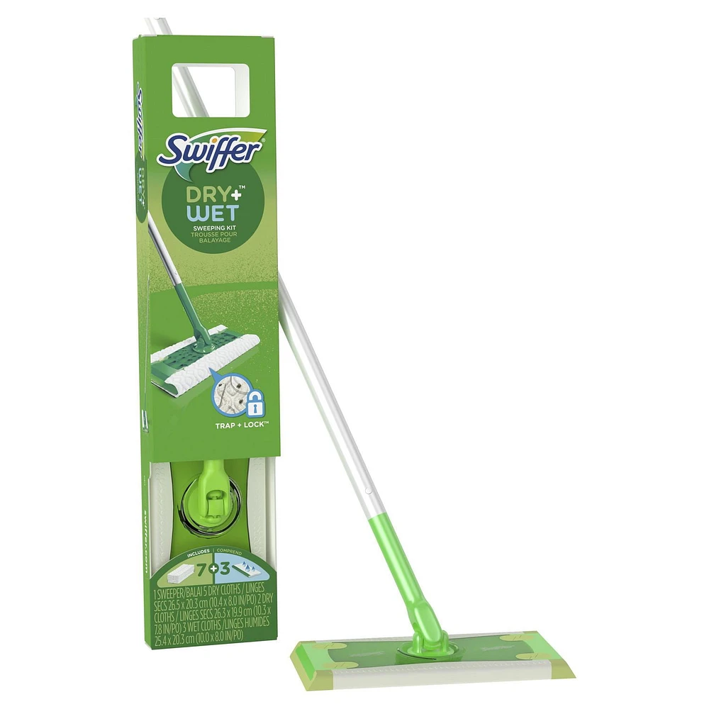 Swiffer Sweeper 2-in-1, Dry and Wet Multi Surface Floor Cleaner, Sweeping and Mopping Starter Kit, 1 Mop + 10 Refills