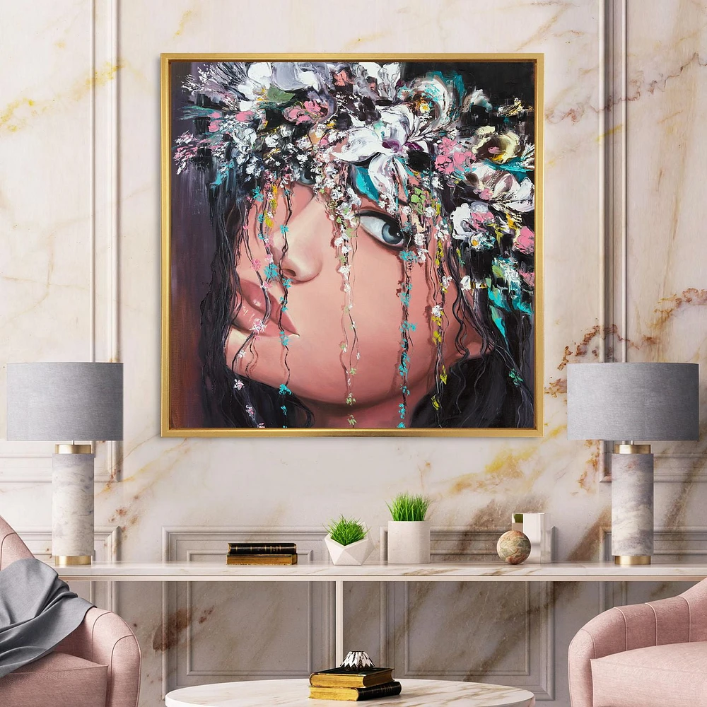 Designart Portrait Of A Young Lady With Flowers II FLOAT FRAME WALL ART