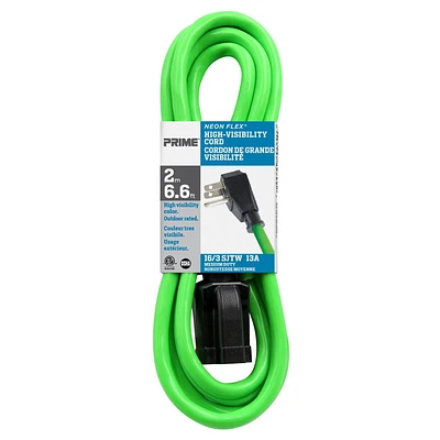 Prime 2m 13-Amp Neon Flex High Vis Extension Cord, 2m (6.6ft) 16/3 medium duty