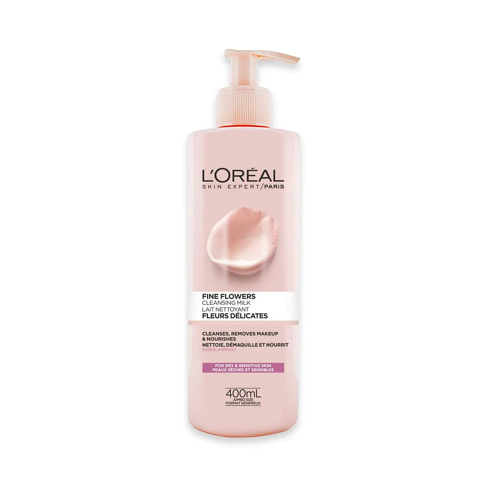 L'Oréal Paris Lait Nettoyant Fleurs Délicates, avec extraits de fleurs de rose et de jasmin, 400 ml