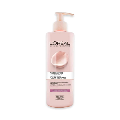 L'Oréal Paris Lait Nettoyant Fleurs Délicates, avec extraits de fleurs de rose et de jasmin, 400 ml