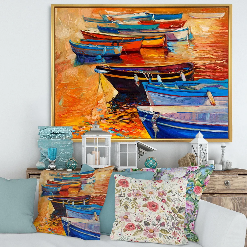 Designart Boats In The Harbor During Warm Colourd Sunset I FLOAT FRAME WALL ART