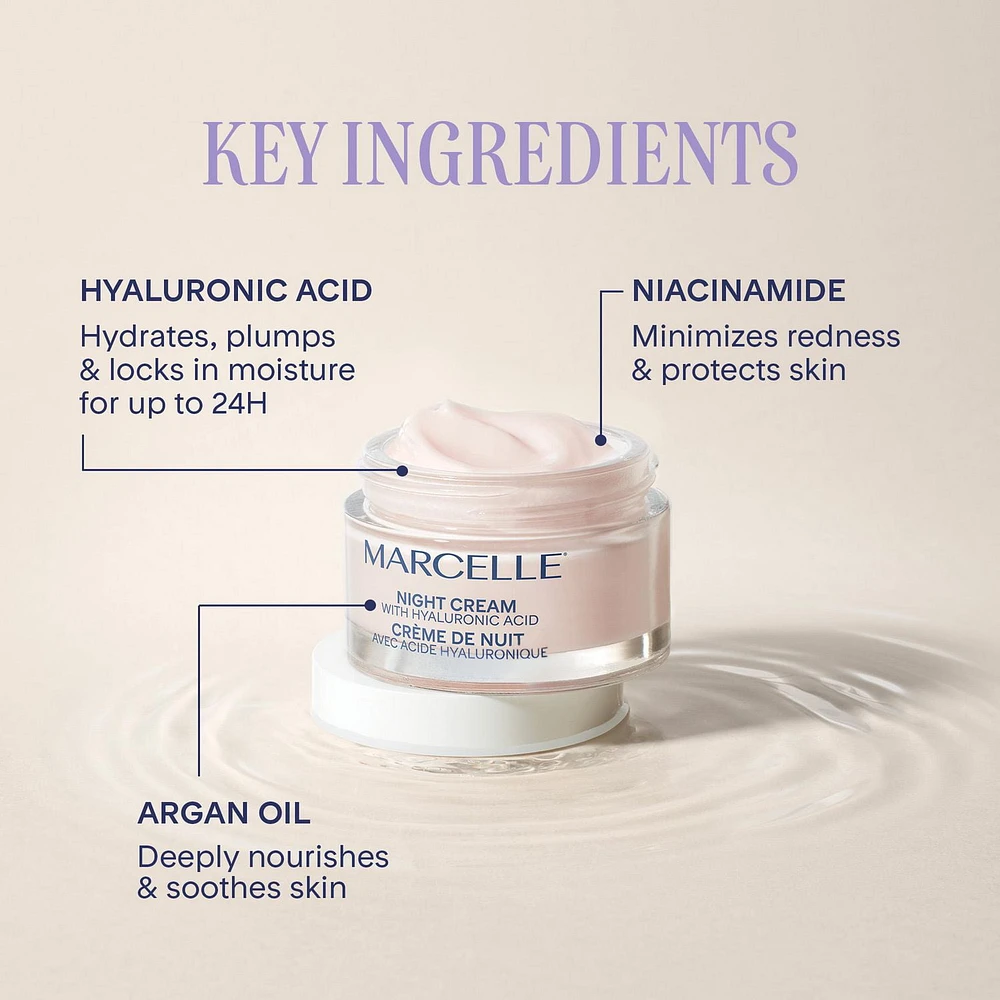 Marcelle Crème de nuit hydratante 24 h avec acide hyaluronique et niacinamide Tous types de peau, 50 mL