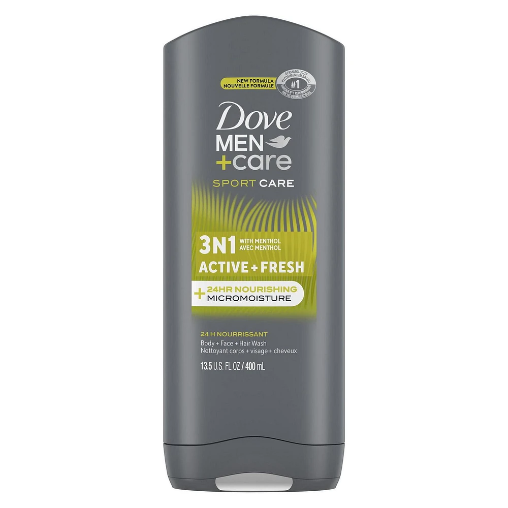 Dove Men+Care with 24-Hour Nourishing Micromoisture Technology Re-energizing Active + Fresh 3N1 Body and Face Wash, 400 ml Body + Face Wash