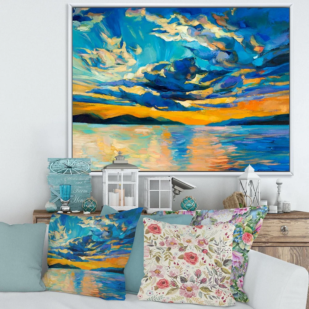 Designart Cloudy Wide Open Sunset Over Ocean Horizon FLOAT FRAME WALL ART