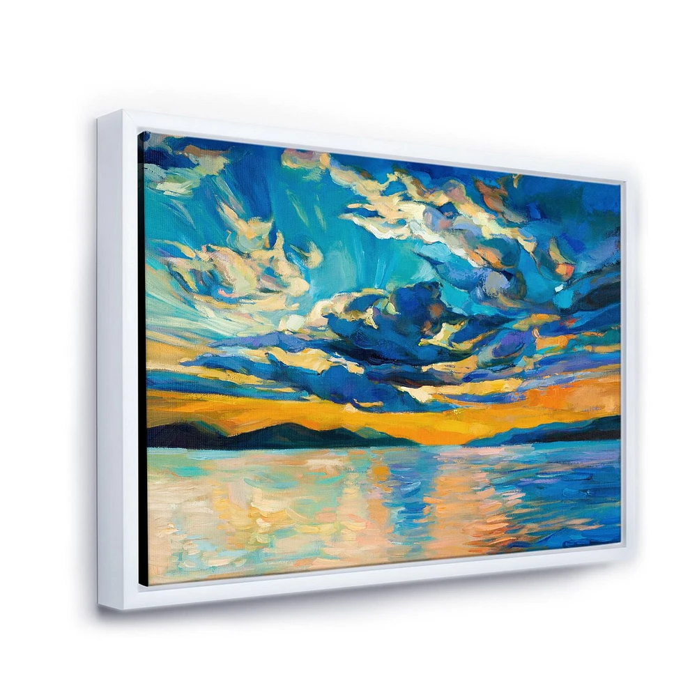 Designart Cloudy Wide Open Sunset Over Ocean Horizon FLOAT FRAME WALL ART