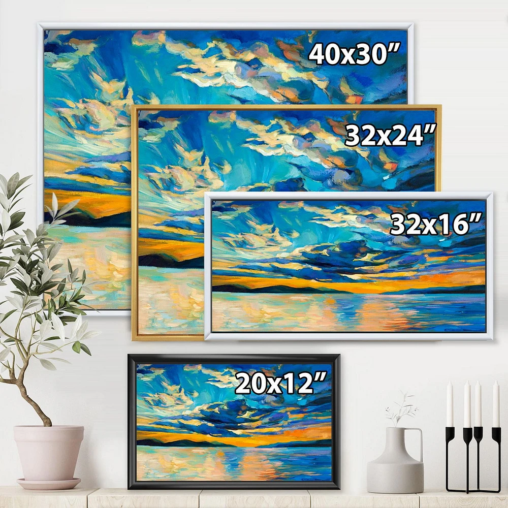 Designart Cloudy Wide Open Sunset Over Ocean Horizon FLOAT FRAME WALL ART