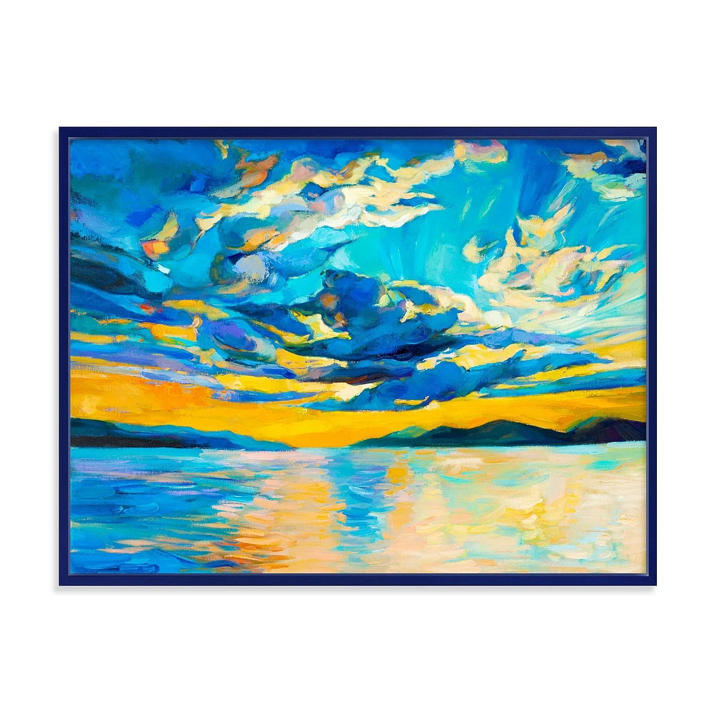 Designart Cloudy Wide Open Sunset Over Ocean Horizon FLOAT FRAME WALL ART