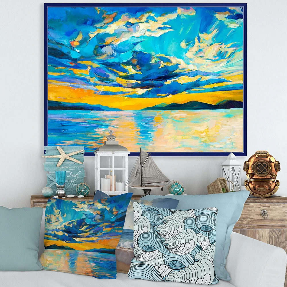 Designart Cloudy Wide Open Sunset Over Ocean Horizon FLOAT FRAME WALL ART