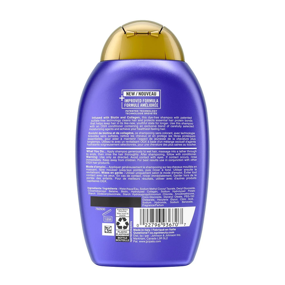 OGX Thick & Full + Biotin & Collagen Volumizing Shampoo, Nutrient-Infused Hair Shampoo with Vitamin B7 Biotin Gives Hair Volume & Body for 72+ Hours, Sulfate-Free Surfactants, 385 mL