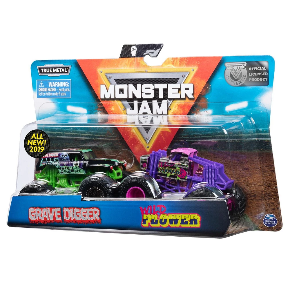 Monster Jam, Official Grave Digger vs. Wild Flower Die-Cast Monster Trucks, 1:64 Scale, 2 Pack