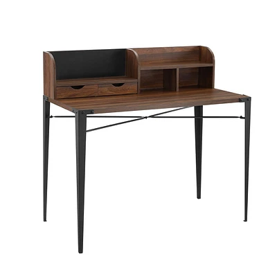 Industrial Secretary Writing and Computer Desk with Hutch - Dark Walnut