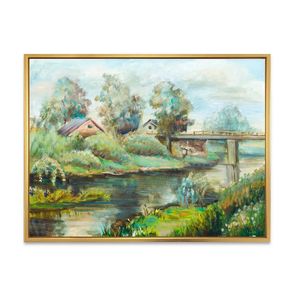 Designart Bridge On The River In Rustic Landscape FLOAT FRAME WALL ART