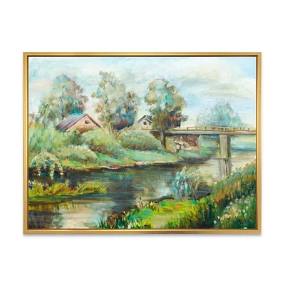 Designart Bridge On The River In Rustic Landscape FLOAT FRAME WALL ART