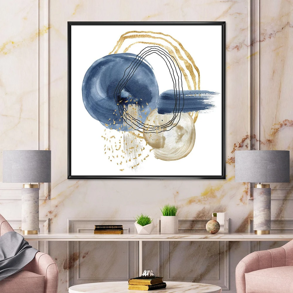 Designart Abstract Dark Blue Gold & Black Underwater Life FLOAT FRAME WALL ART