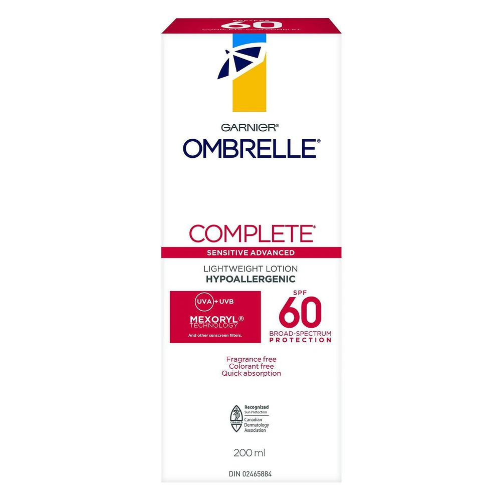 Garnier Ombrelle Écran solaire Complete Dry Touch FPS 60, visage et corps, peaux sensibles, résistant à l'eau, non gras, hypoallergénique, haute protection à large spectre UVA/UVB, 200 ml Écran solaire